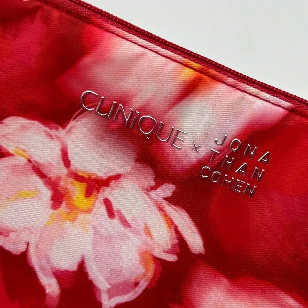 Clinique x Jonathan Cohen Red Blurry Floral Makeup Bag Cosmetic Pouch NWT Travel
